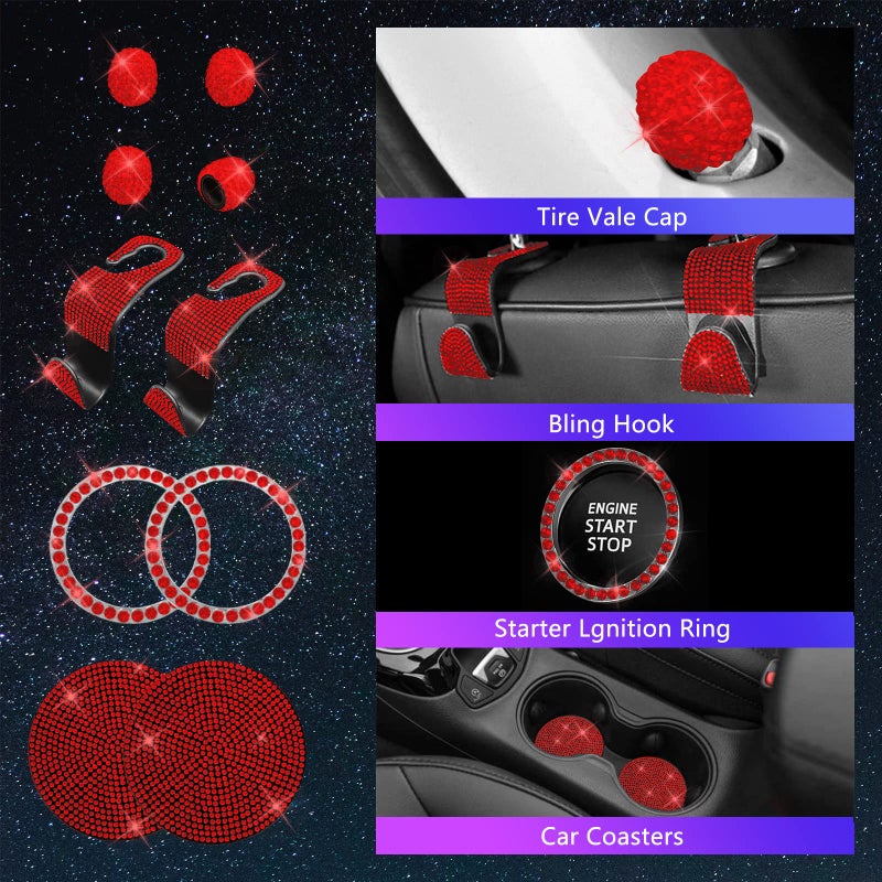 JINGSEN 25PCS Bling Car Parts Set  Car Parts Set Female Plug Universal 15 Inch  Shiny License Plate Frame  Center Console Cover and Rearview Mirror Set and Other Car Accessories(Red) - Image 4